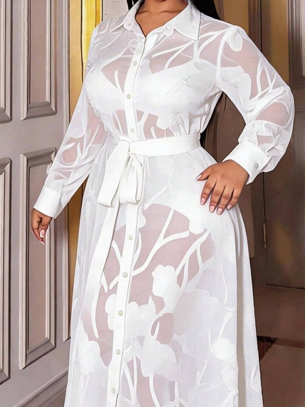 Elegant Women's Plus Size Long Sleeve Front Button Sheer maxi Dress -White - Picture 7 of 7